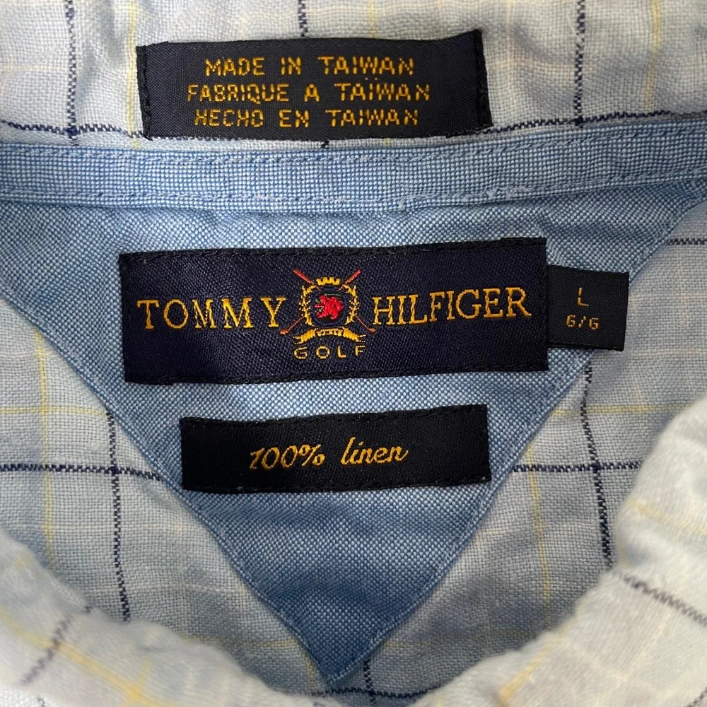 Tommy Hilfiger 100% Linen Button Down Mens Large Blue‎ Shirt Golf Summer Preppy